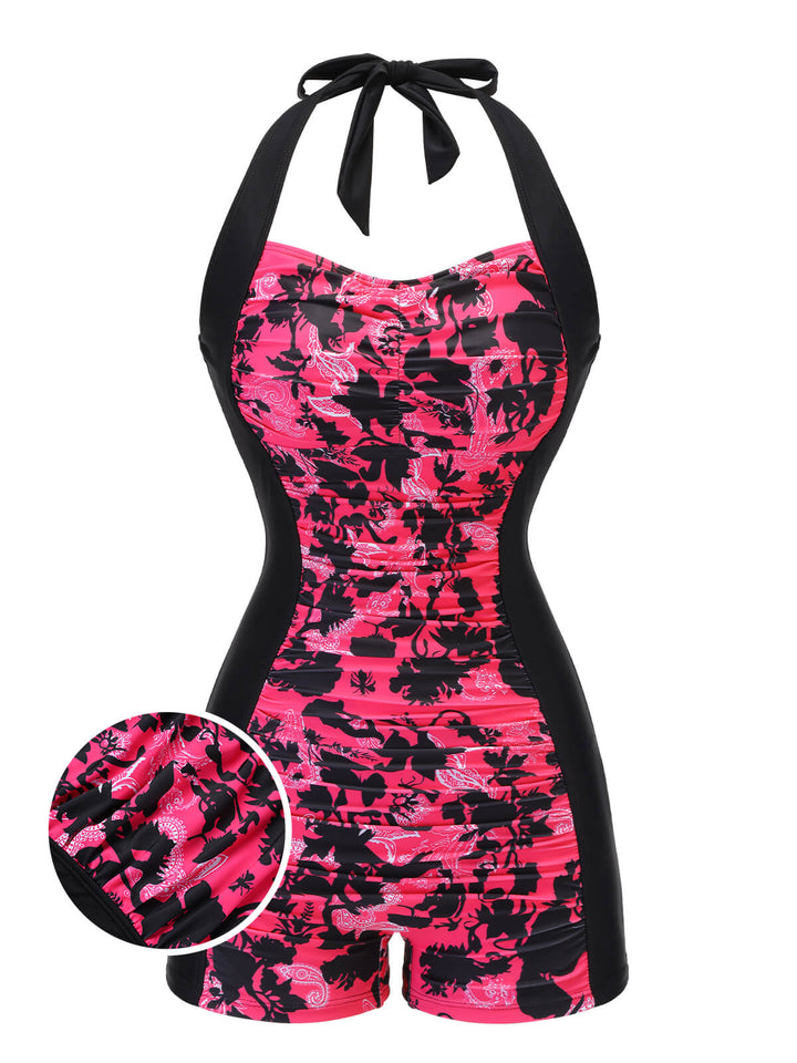Black &amp; Pink 1950s Floral Halter Swimsuit, vintage swimsuit, pin-up swimwear - perfect for women who love vintage and retro fashion