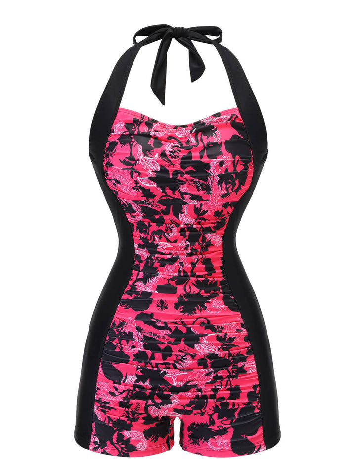 Black &amp; Pink 1950s Floral Halter Swimsuit, vintage swimsuit, pin-up swimwear - perfect for women who love vintage and retro fashion