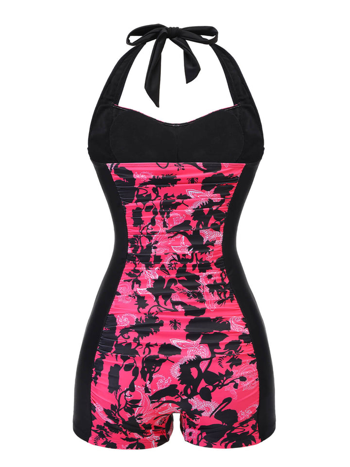 Black &amp; Pink 1950s Floral Halter Swimsuit, vintage swimsuit, pin-up swimwear - perfect for women who love vintage and retro fashion