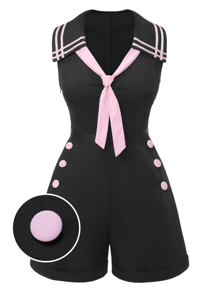 She finds her 1950s story in this Black &amp; Pink 1950s Solid Tie Lapel Romper