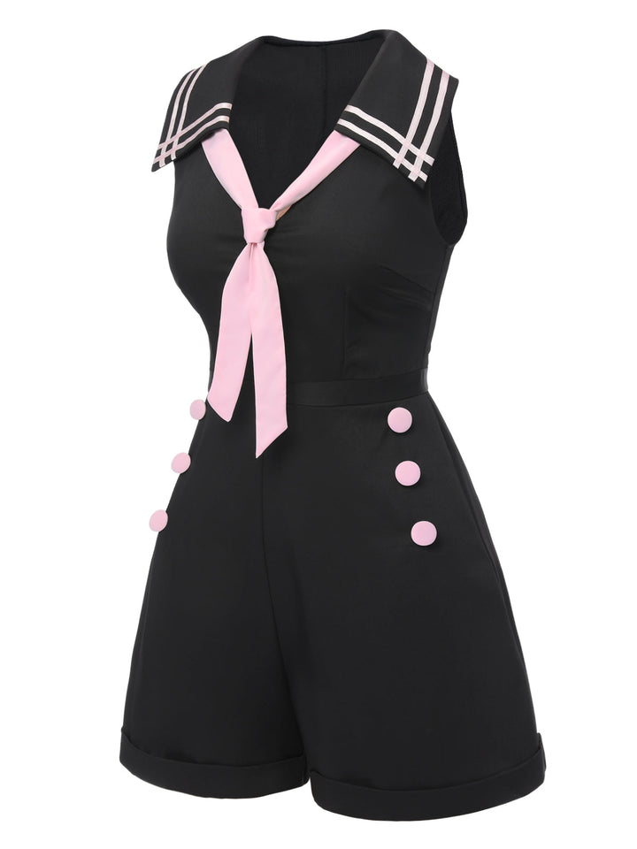 This Black &amp; Pink 1950s Solid Tie Lapel Romper whispers 1950s secrets to those who notice