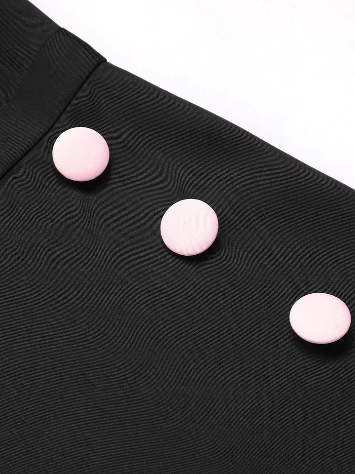 She finds her 1950s story in this Black &amp; Pink 1950s Solid Tie Lapel Romper