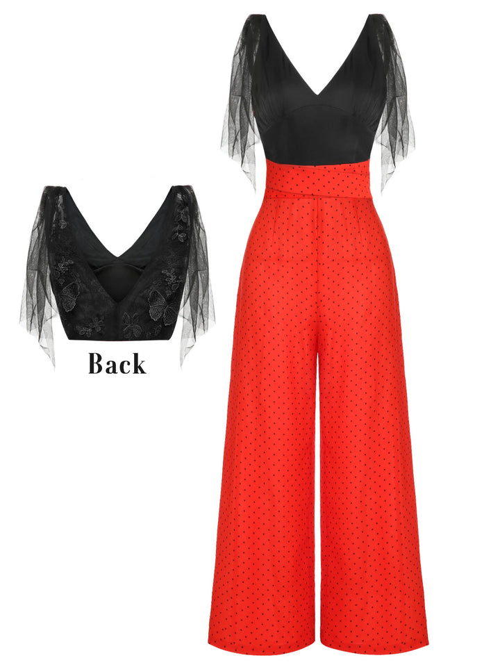 Black &amp; Red 1930s Polka Dot Patchwork Jumpsuit: timeless style reimagined