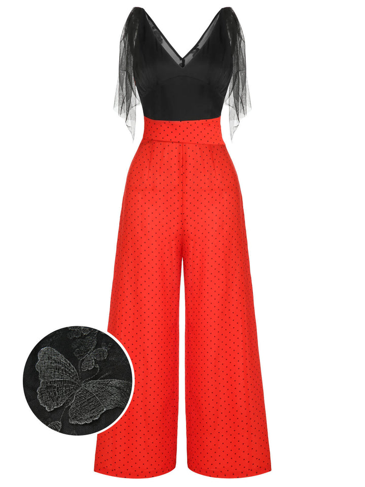 Black &amp; Red 1930s Polka Dot Patchwork Jumpsuit, vintage romper, retro jumpsuit - perfect for women who love vintage and retro fashion