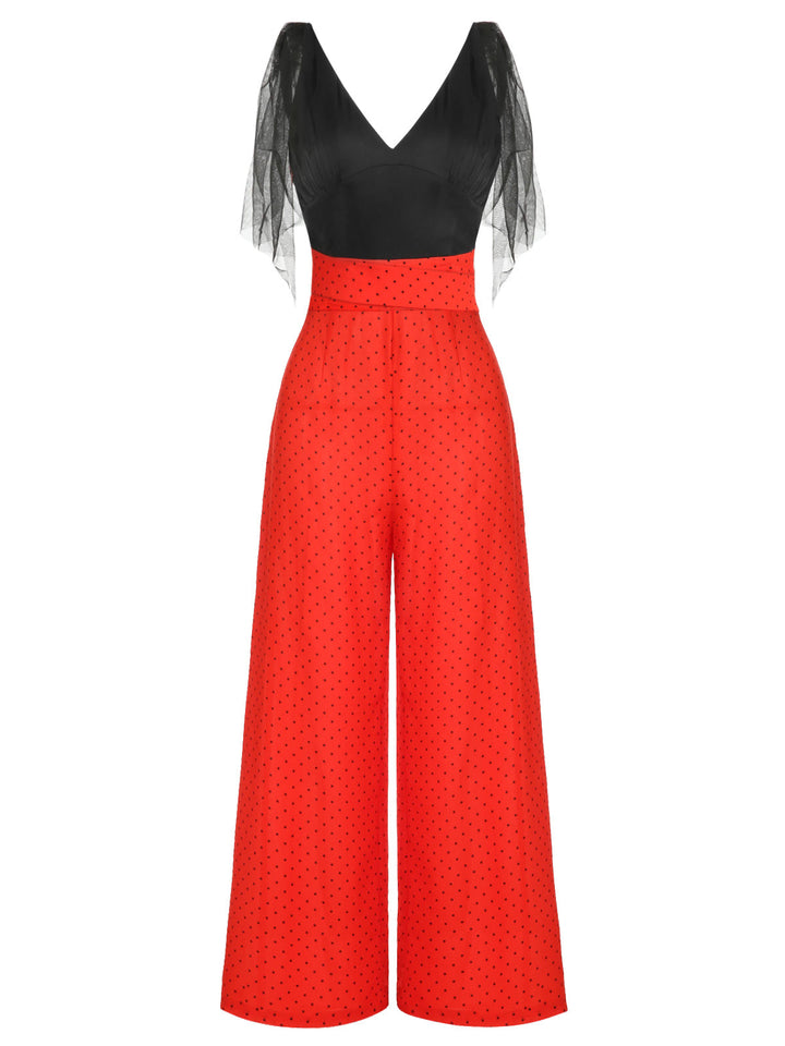 Black &amp; Red 1930s Polka Dot Patchwork Jumpsuit: timeless style reimagined