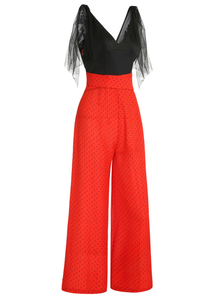 Black &amp; Red 1930s Polka Dot Patchwork Jumpsuit — vintage elegance for the modern woman