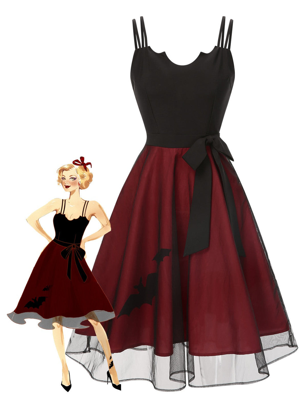 Black &amp; Red 1950s Bat Mesh Dress, vintage dress, retro fashion, rockabilly, pin-up fashion - perfect for women who love vintage and retro fashion