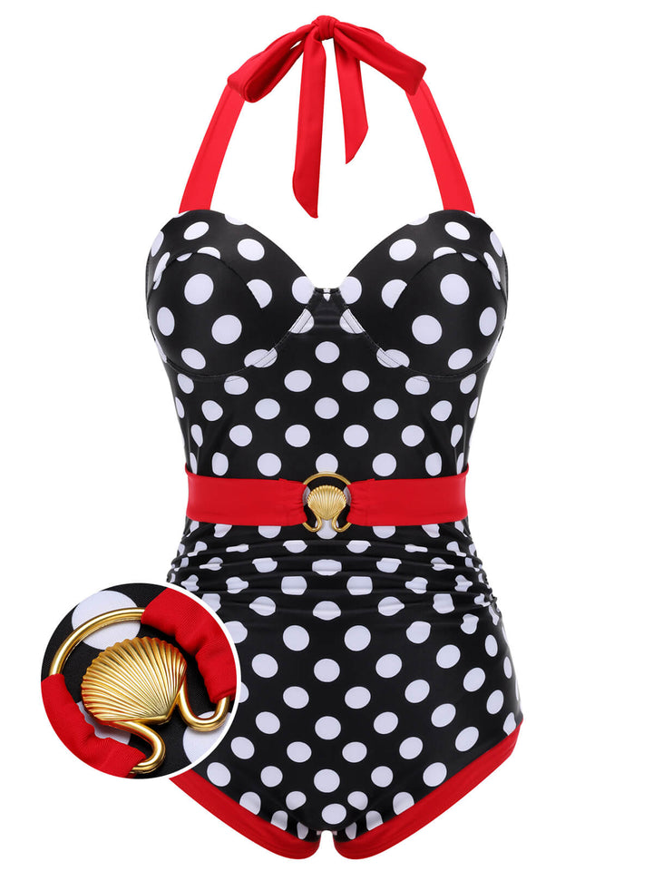 Black &amp; Red Dots Halter Swimsuit, vintage swimsuit, swimwear - perfect for women who love vintage and retro fashion