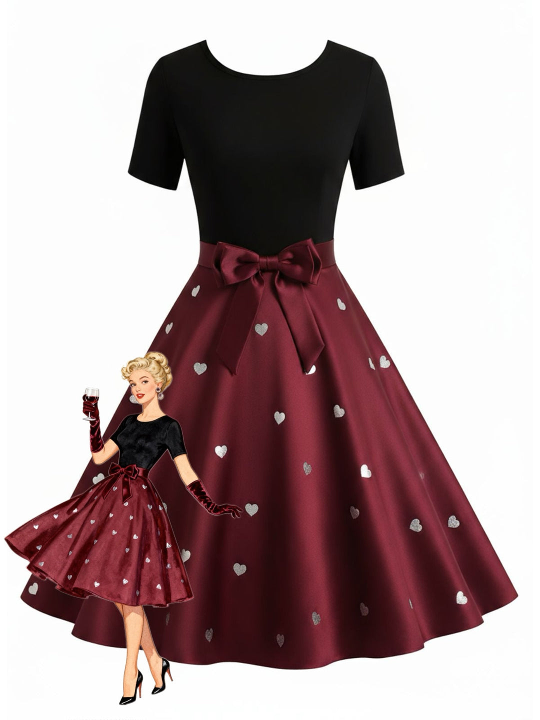 Black &amp; Red 1950s Heart Bow Swing Dress - vintage dress, retro fashion, rockabilly