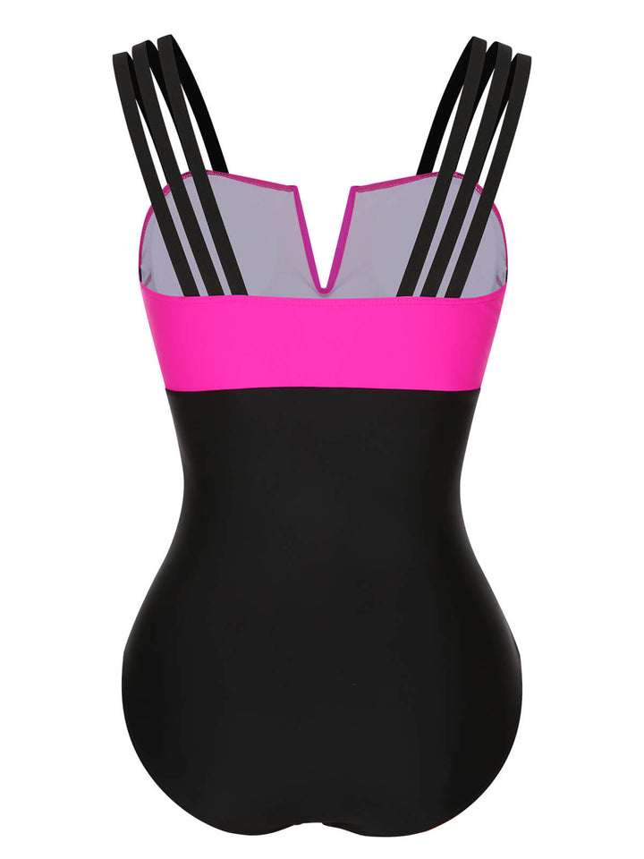 This Black &amp; Rose Red 1960s Color Block Swimsuit carries 1960s vacation dreams in every stitch