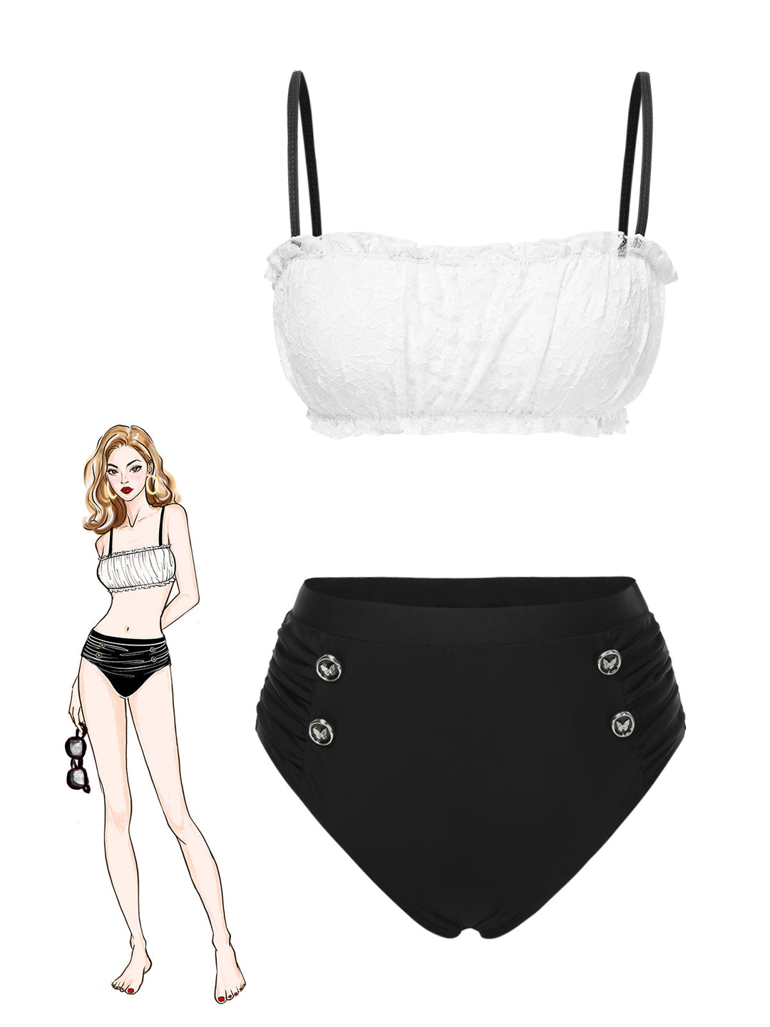 Black &amp; White 1930s Colorblock Lace Bikini Set - vintage fashion, retro style, classic black