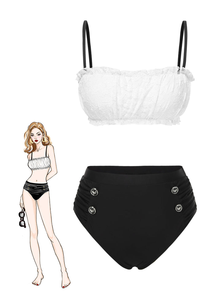 Black &amp; White 1930s Colorblock Lace Bikini Set - vintage fashion, retro style, classic black