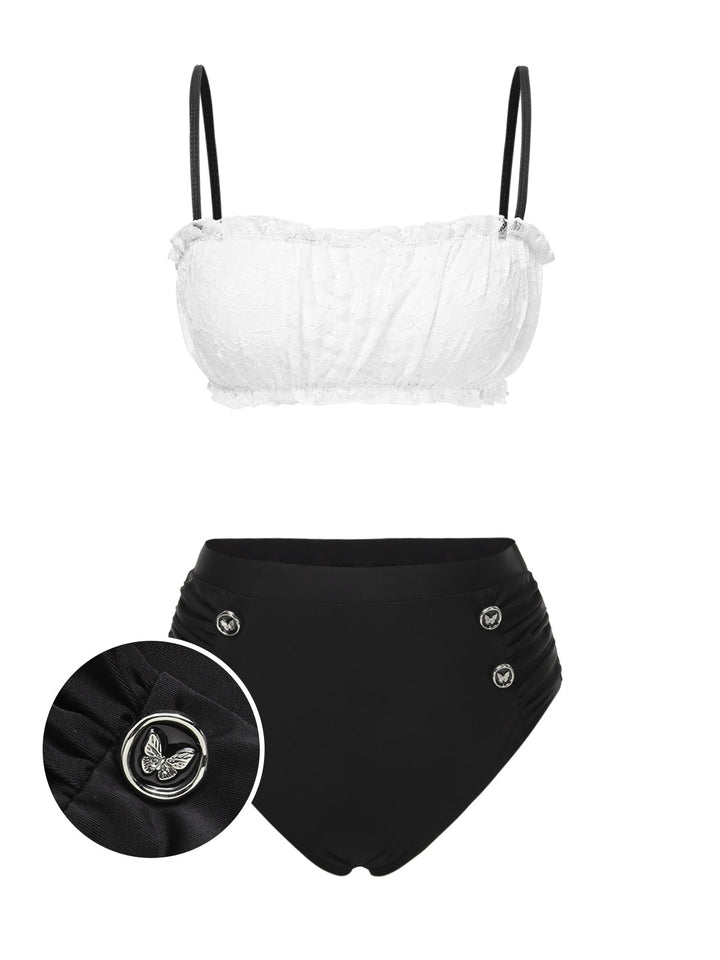 Black &amp; White 1930s Colorblock Lace Bikini Set - vintage fashion, retro style, classic black