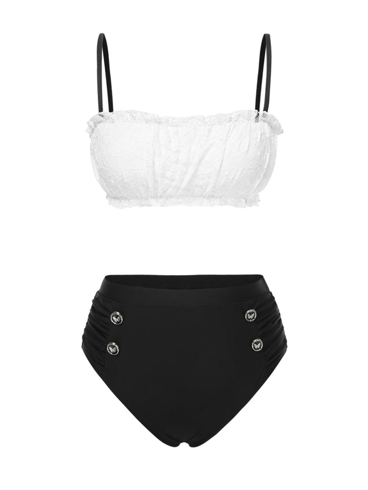 Black &amp; White 1930s Colorblock Lace Bikini Set - vintage fashion, retro style, classic black