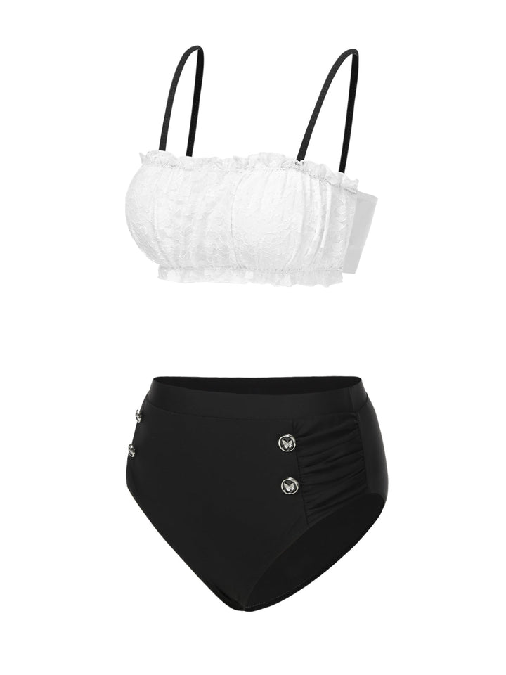 Black &amp; White 1930s Colorblock Lace Bikini Set - vintage fashion, retro style, classic black