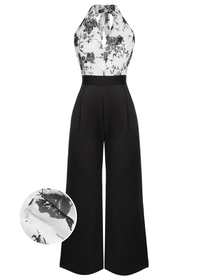 Black White 1930s Floral Halter Strap Jumpsuit: timeless style reimagined