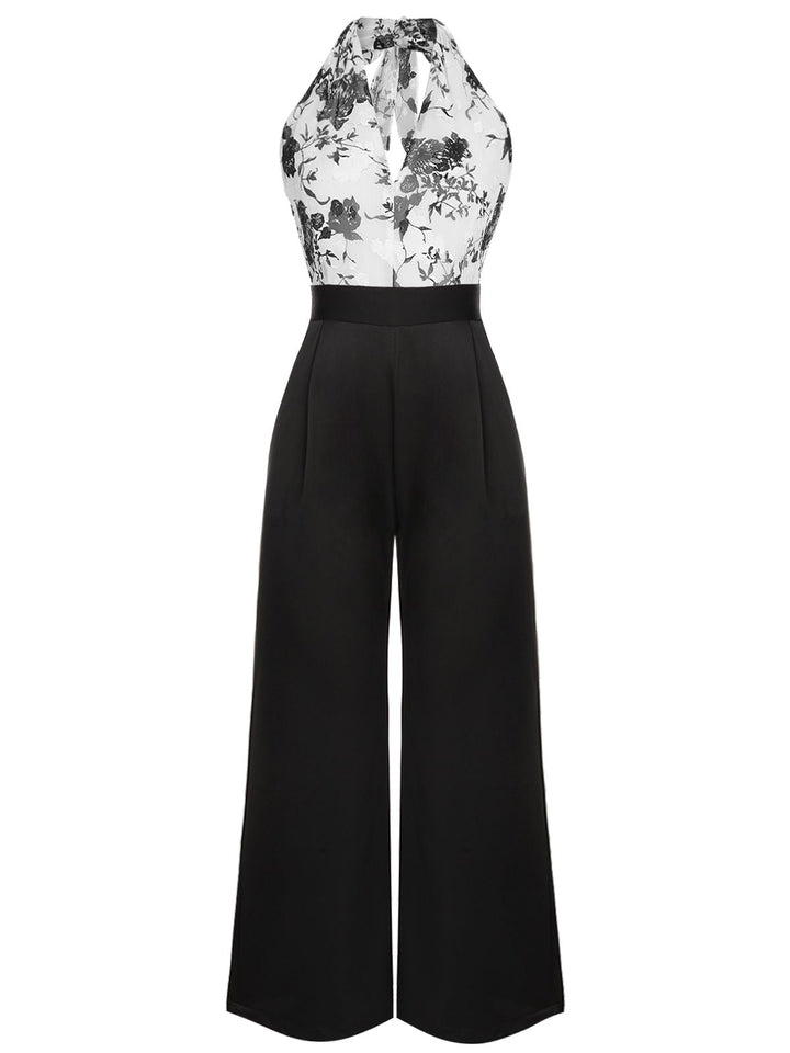 Black White 1930s Floral Halter Strap Jumpsuit, vintage romper, retro jumpsuit - perfect for women who love vintage and retro fashion