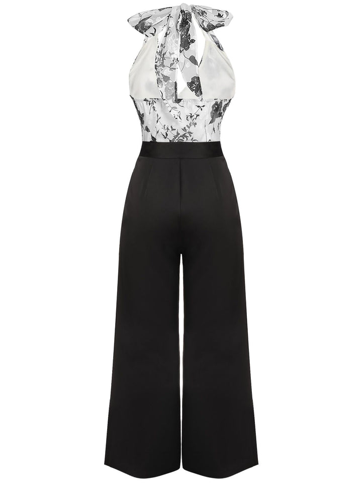 Black White 1930s Floral Halter Strap Jumpsuit, vintage romper, retro jumpsuit - perfect for women who love vintage and retro fashion
