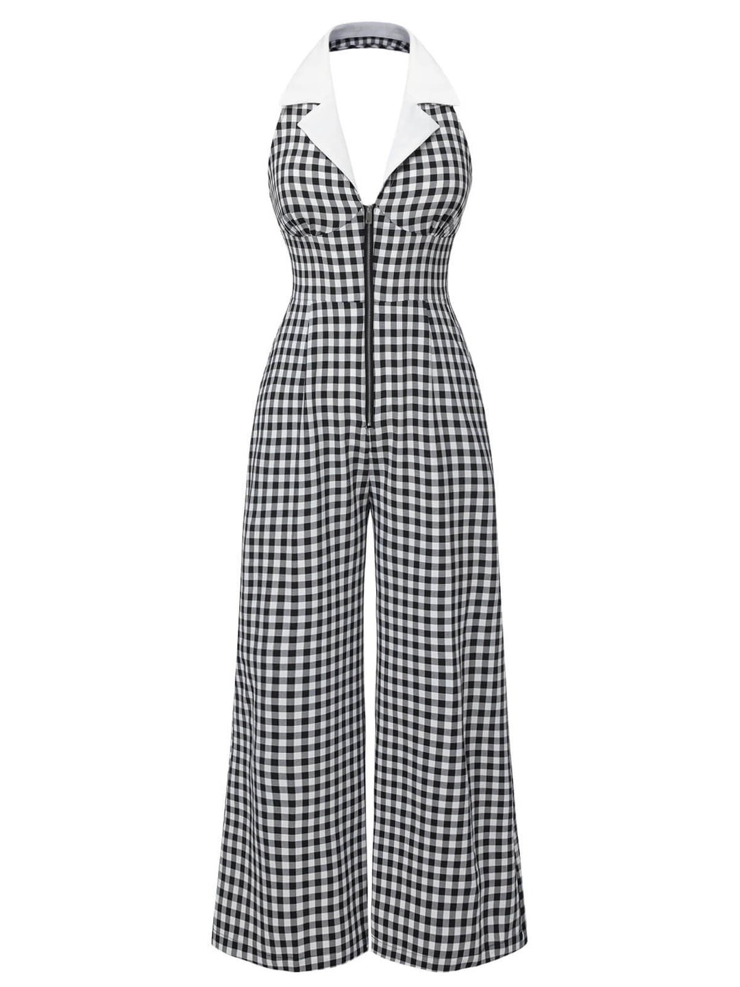 Black White 1940s Plaid Lapel Halter Jumpsuit: timeless 1940s elegance she makes her own