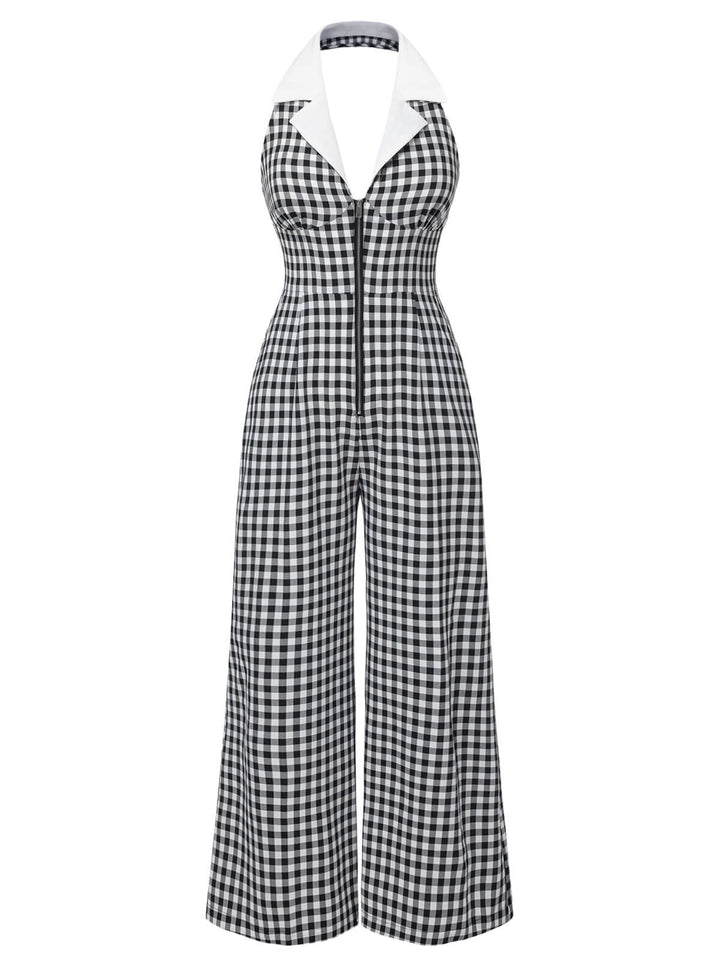 Black White 1940s Plaid Lapel Halter Jumpsuit: timeless 1940s elegance she makes her own