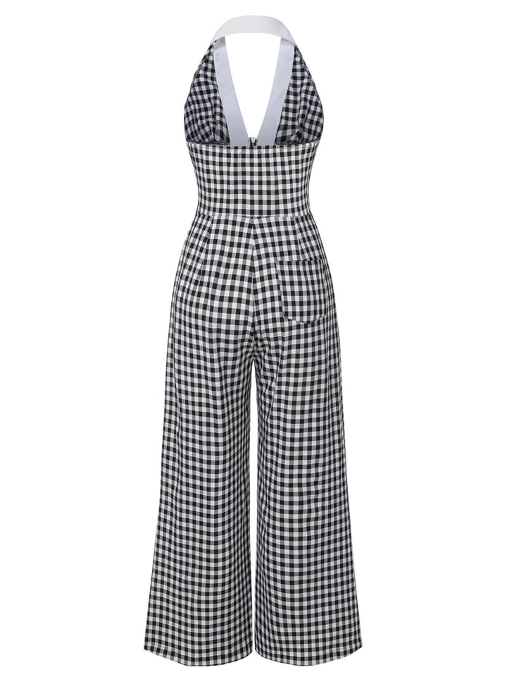 Black White 1940s Plaid Lapel Halter Jumpsuit — 1940s style that transcends decades