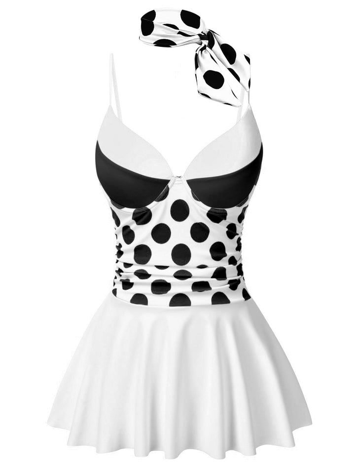 Black &amp; White 1940s Polka Dots Patchwork Swimsdress, vintage dress, retro fashion - perfect for women who love vintage and retro fashion