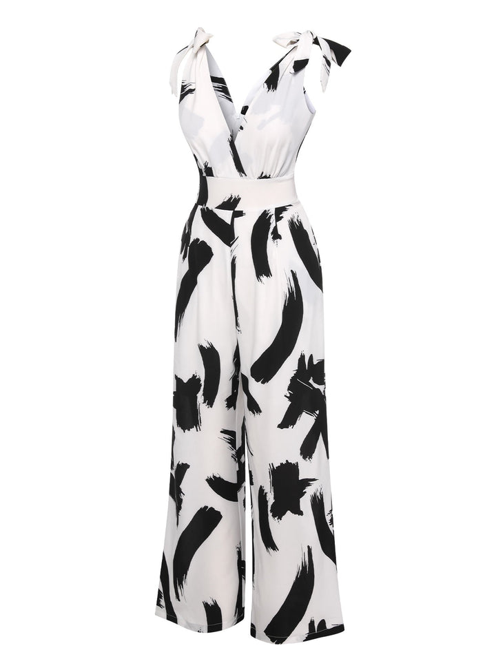 Black &amp; White 1940s V-Neck Bohemian Jumpsuit, vintage romper, retro jumpsuit - perfect for women who love vintage and retro fashion
