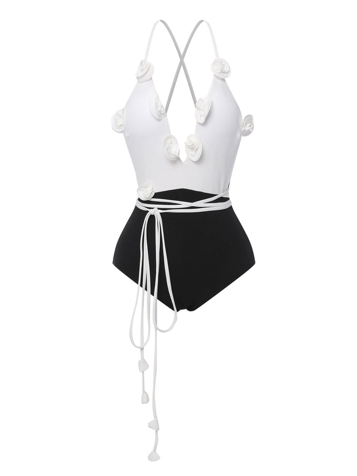 Black &amp; White 1950s 3D Flowers Lace-Up Swimsuit, vintage swimsuit, pin-up swimwear - perfect for women who love vintage and retro fashion