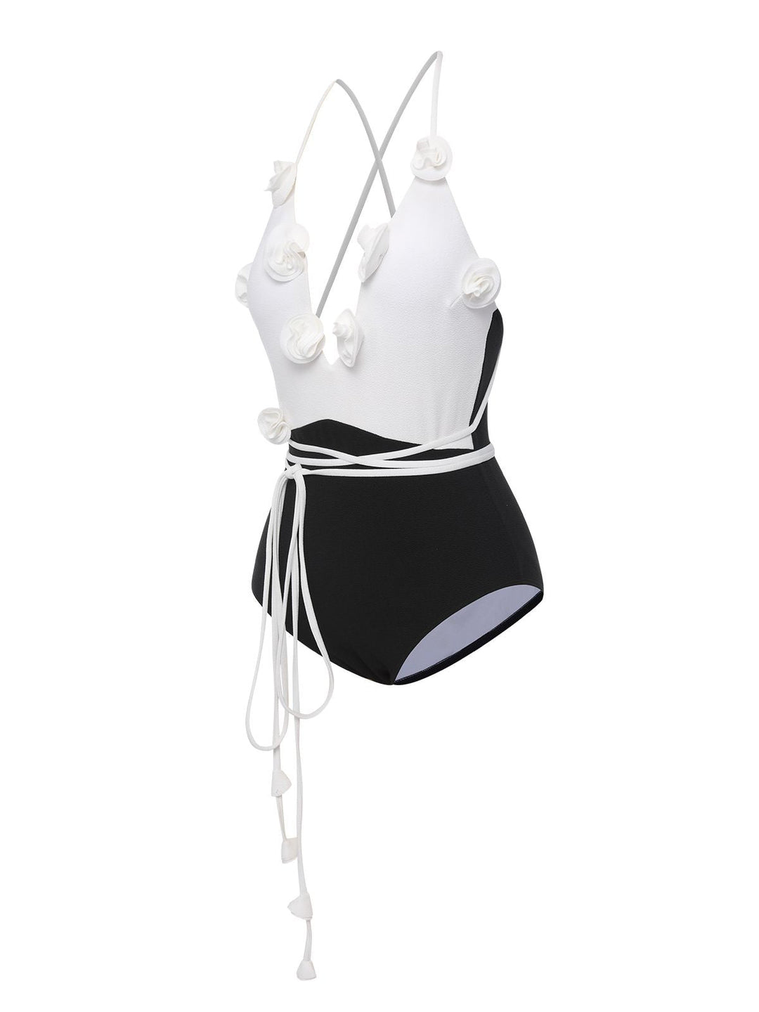 Black &amp; White 1950s 3D Flowers Lace-Up Swimsuit, vintage swimsuit, pin-up swimwear - perfect for women who love vintage and retro fashion