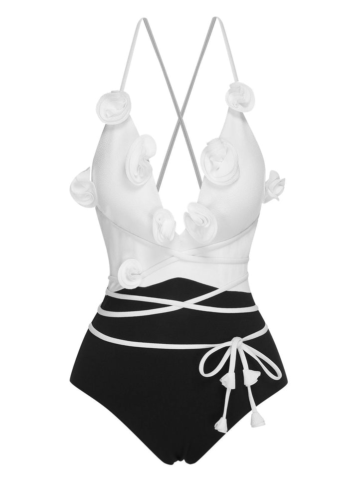 Black &amp; White 1950s 3D Flowers Lace-Up Swimsuit, vintage swimsuit, pin-up swimwear - perfect for women who love vintage and retro fashion