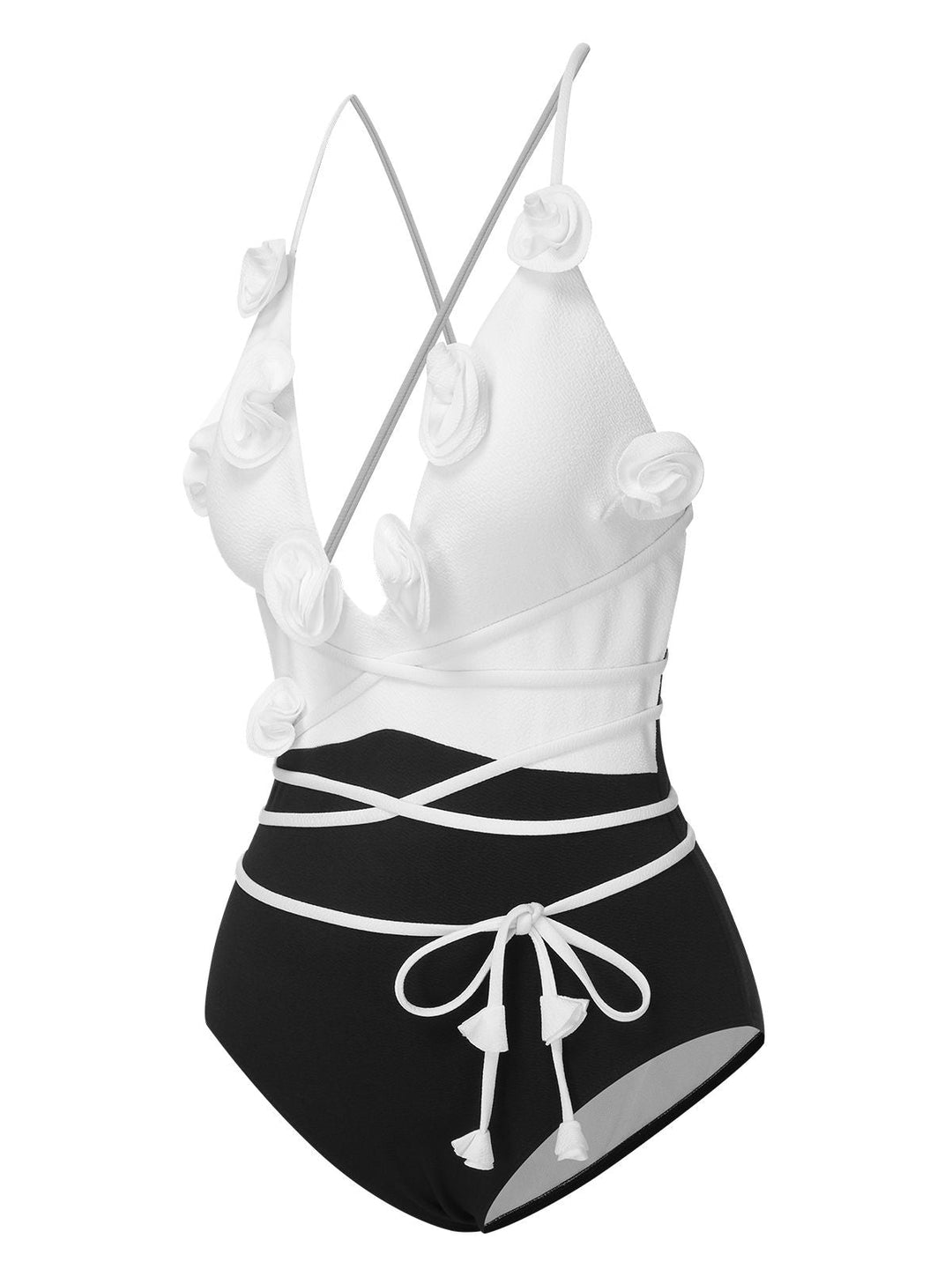 Black &amp; White 1950s 3D Flowers Lace-Up Swimsuit, vintage swimsuit, pin-up swimwear - perfect for women who love vintage and retro fashion