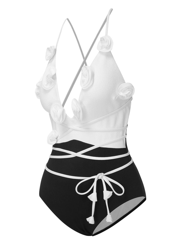 Black &amp; White 1950s 3D Flowers Lace-Up Swimsuit, vintage swimsuit, pin-up swimwear - perfect for women who love vintage and retro fashion