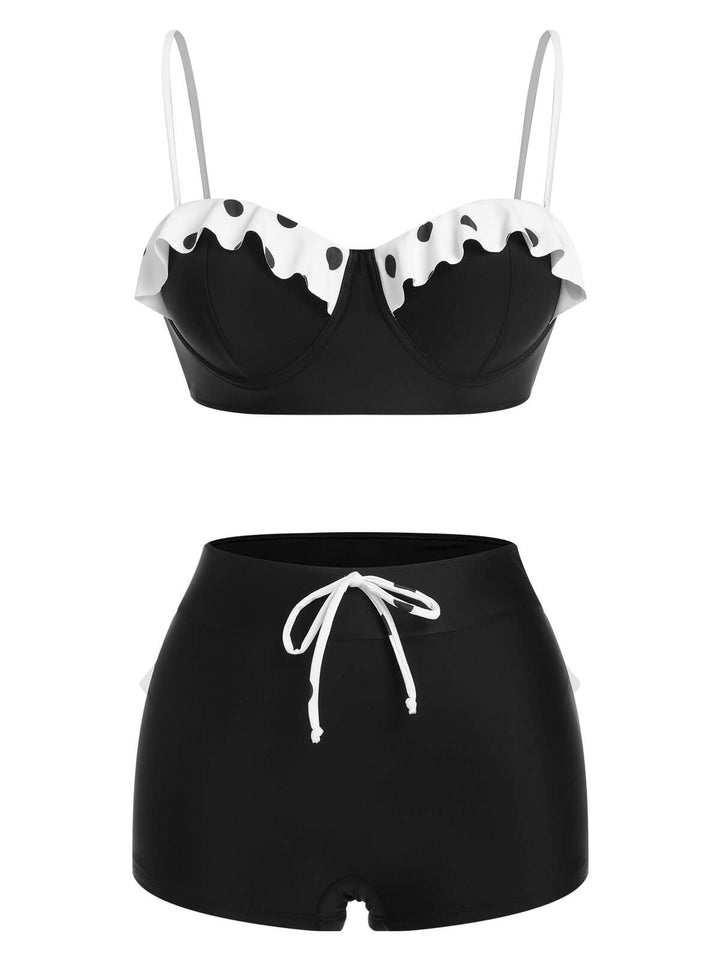 Black White Dots Layered Strap Swimsuit, vintage swimsuit, swimwear - perfect for women who love vintage and retro fashion
