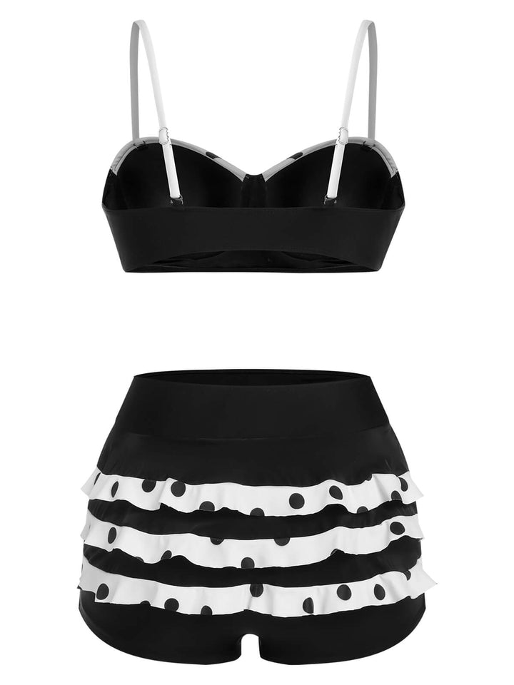 Black White Dots Layered Strap Swimsuit, vintage swimsuit, swimwear - perfect for women who love vintage and retro fashion