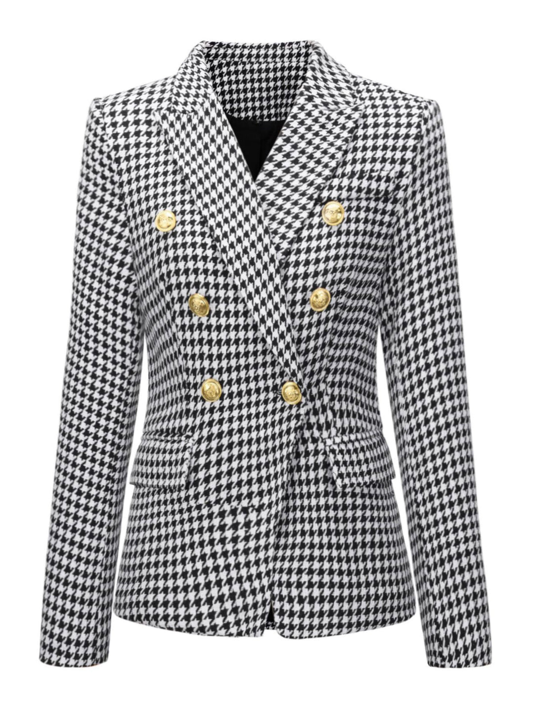 She throws on this Black &amp; White 1950s Double Breasted Houndstooth Blazer and the city feels like 1950s Paris