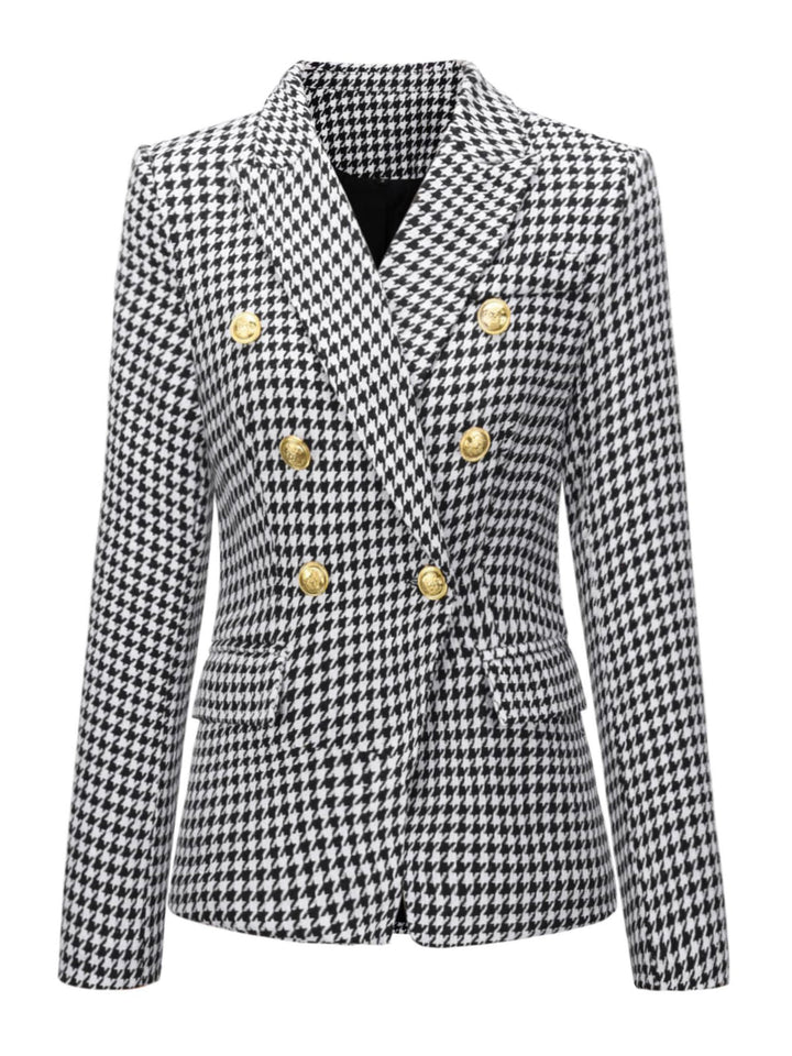 She throws on this Black &amp; White 1950s Double Breasted Houndstooth Blazer and the city feels like 1950s Paris