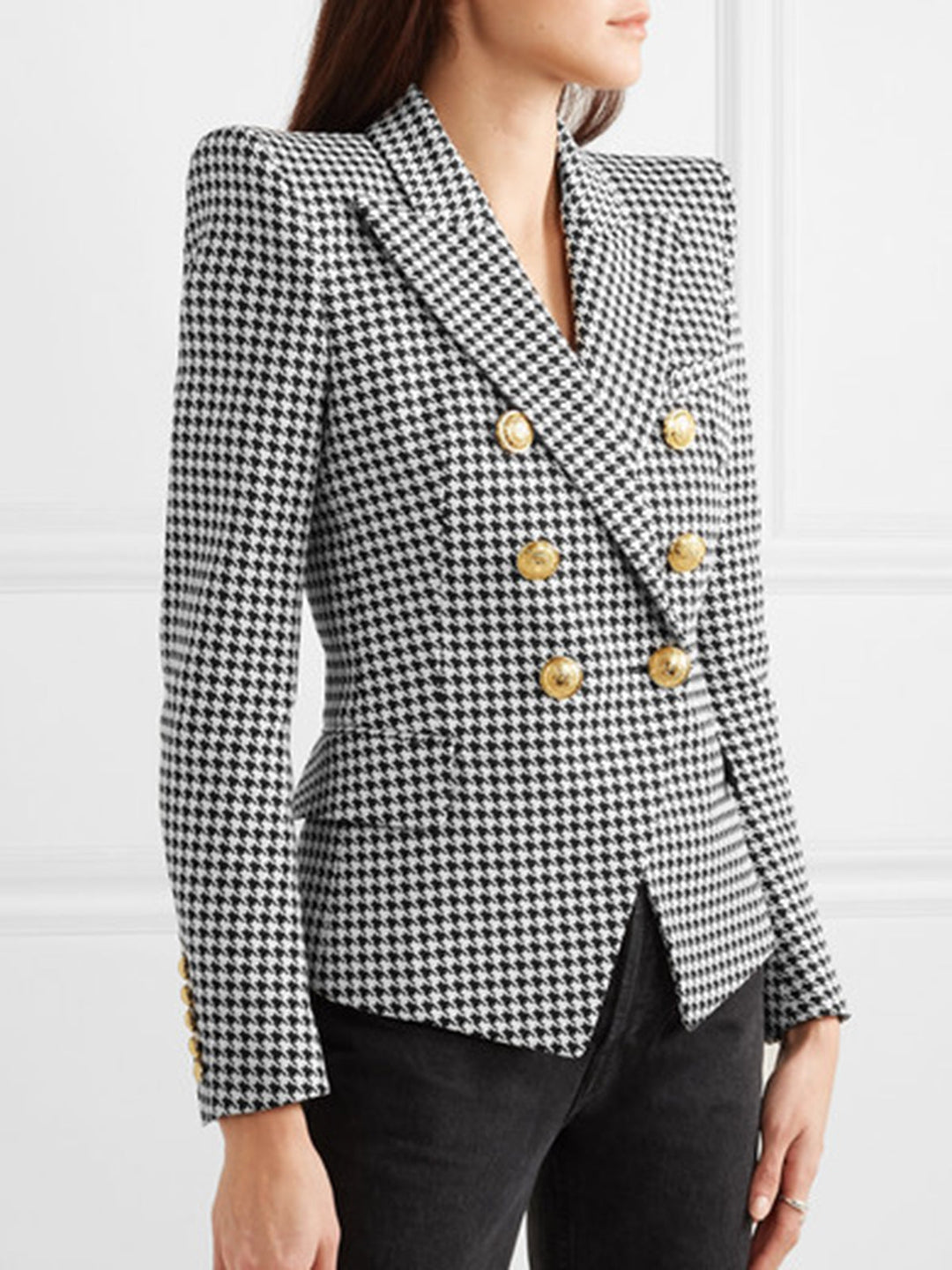 Black &amp; White 1950s Double Breasted Houndstooth Blazer — 1950s style that speaks before she does