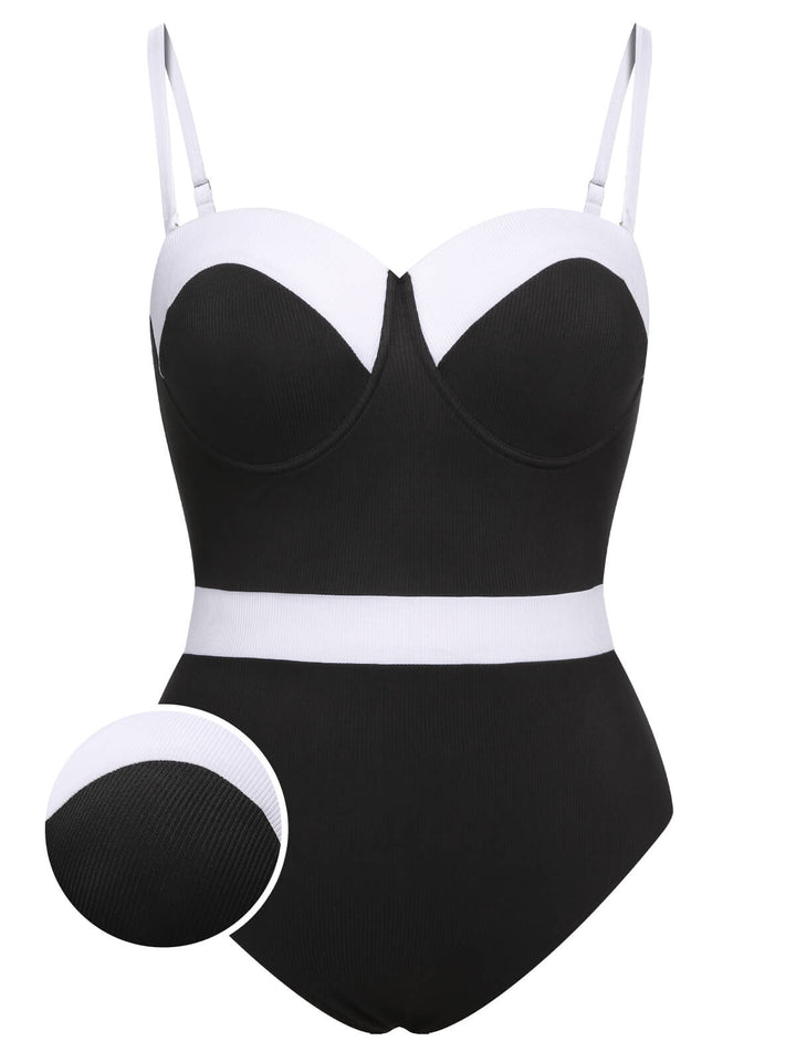 [Plus Size] Black &amp; White 1950s Patchwork Strap Swimsuit, vintage swimsuit, pin-up swimwear - perfect for women who love vintage and retro fashion