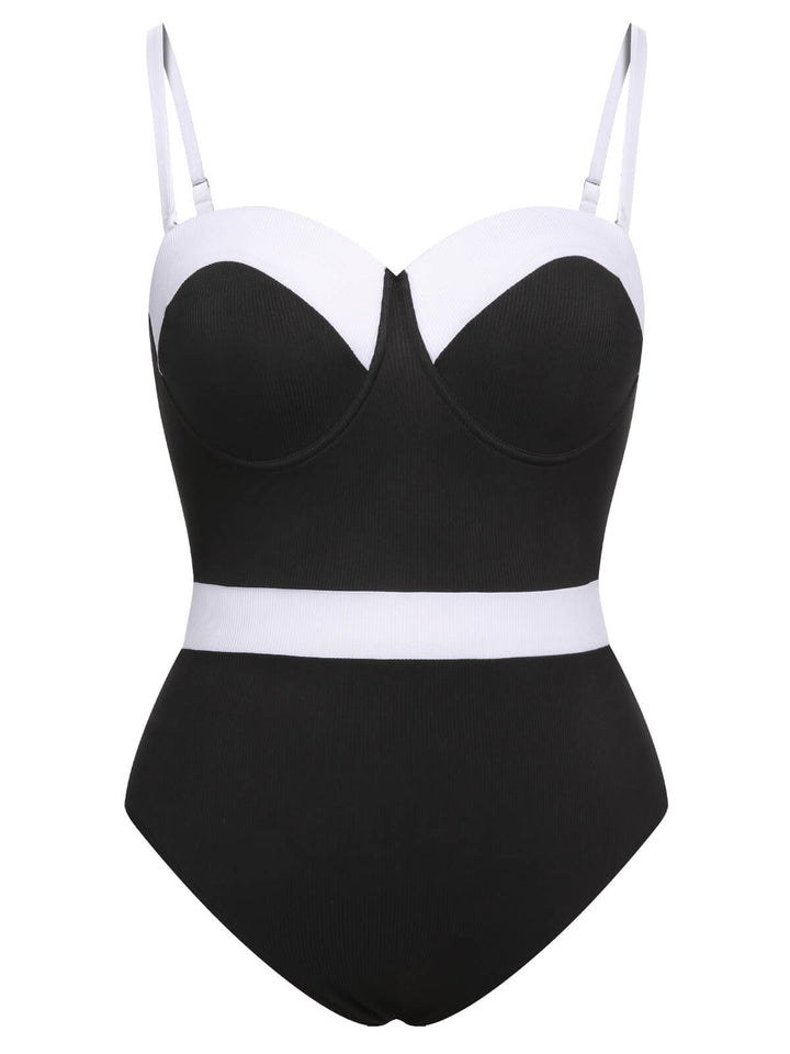 [Plus Size] Black &amp; White 1950s Patchwork Strap Swimsuit, vintage swimsuit, pin-up swimwear - perfect for women who love vintage and retro fashion