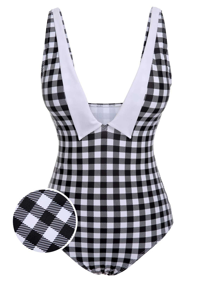 Black &amp; White 1950s Plaid One-Piece Swimsuit, vintage swimsuit, pin-up swimwear - perfect for women who love vintage and retro fashion