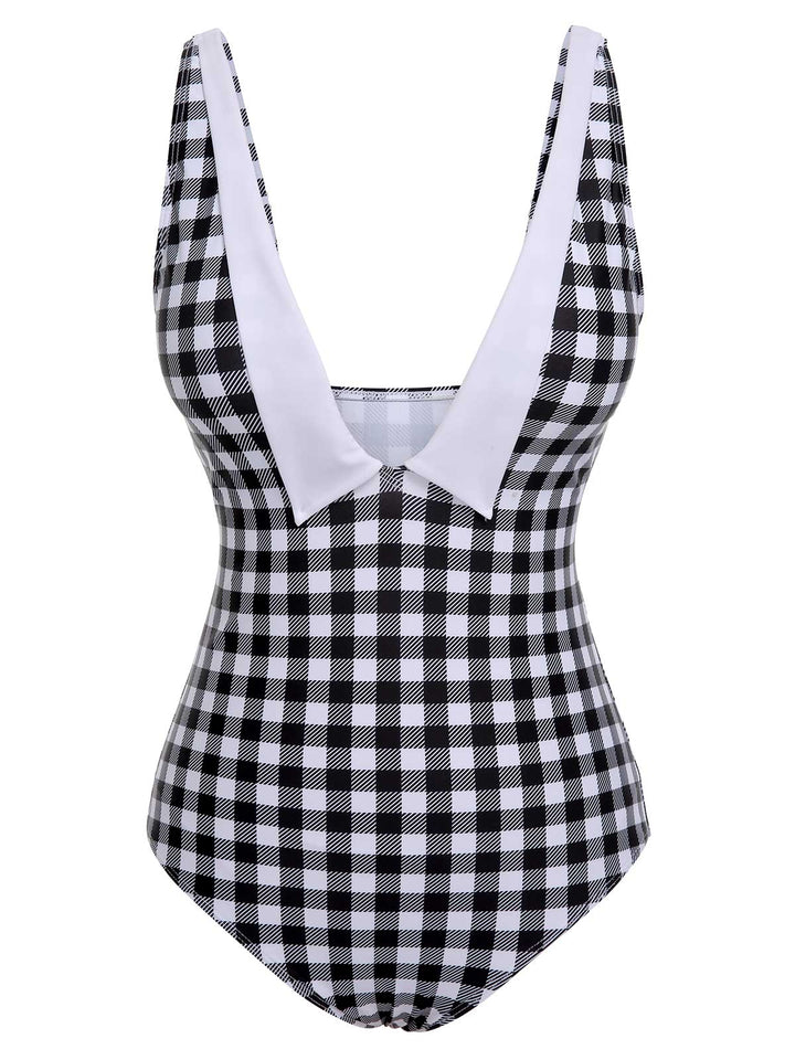 Black &amp; White 1950s Plaid One-Piece Swimsuit, vintage swimsuit, pin-up swimwear - perfect for women who love vintage and retro fashion