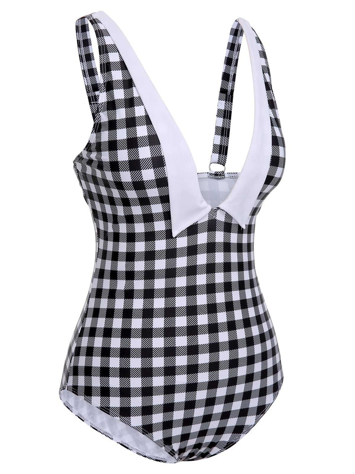 Black &amp; White 1950s Plaid One-Piece Swimsuit, vintage swimsuit, pin-up swimwear - perfect for women who love vintage and retro fashion