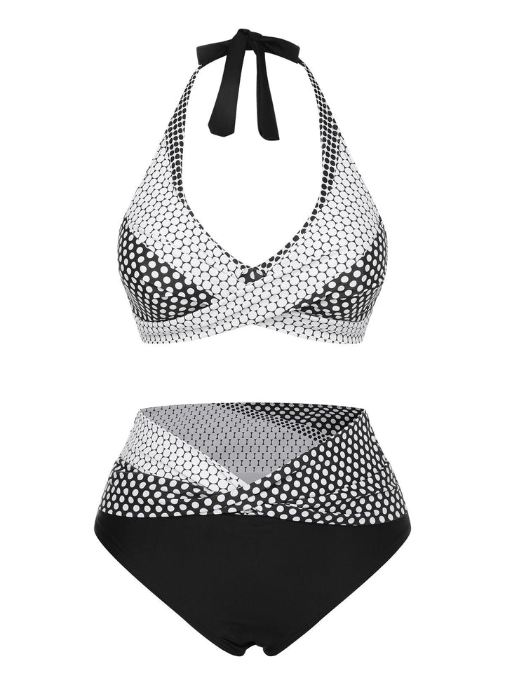 Black &amp; White 1950s Polka Dot Halter Swimsuit, vintage swimsuit, pin-up swimwear - perfect for women who love vintage and retro fashion