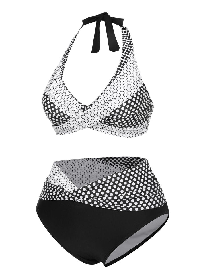 Black &amp; White 1950s Polka Dot Halter Swimsuit, vintage swimsuit, pin-up swimwear - perfect for women who love vintage and retro fashion