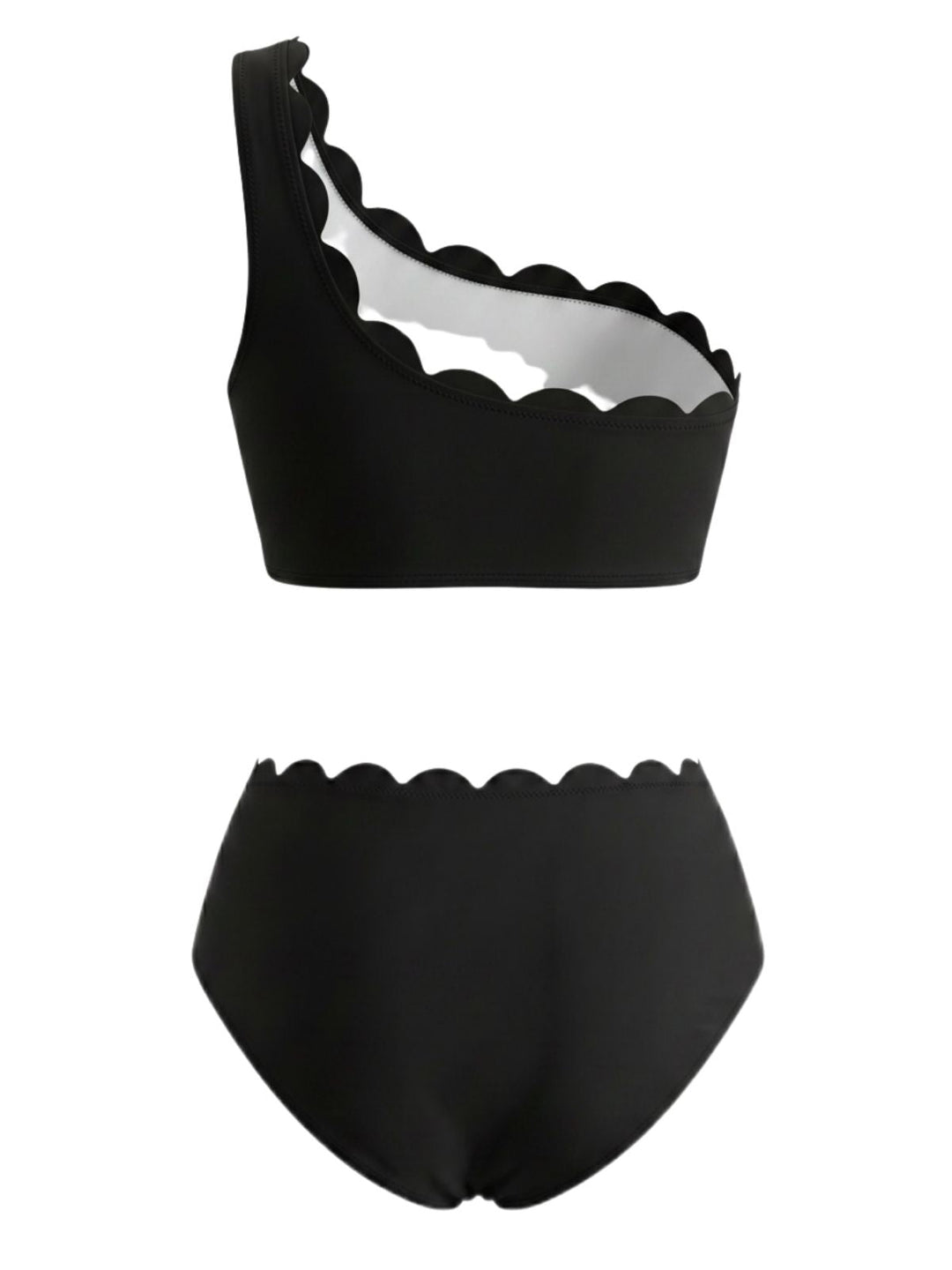 Black White Scalloped One Shoulder Bikini Set, vintage swimsuit, swimwear - perfect for women who love vintage and retro fashion