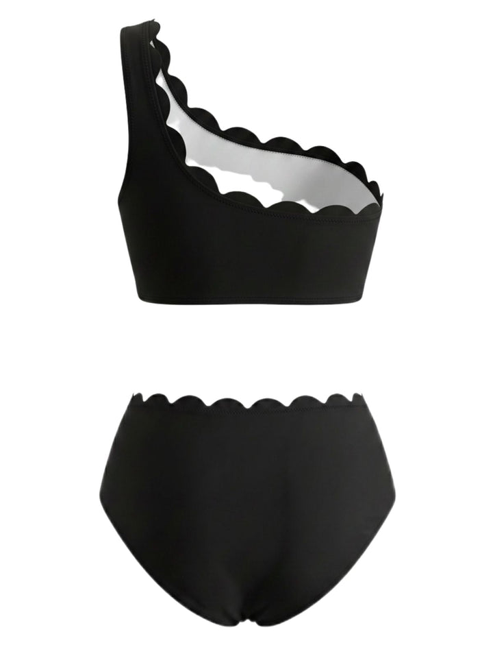 Black White Scalloped One Shoulder Bikini Set, vintage swimsuit, swimwear - perfect for women who love vintage and retro fashion