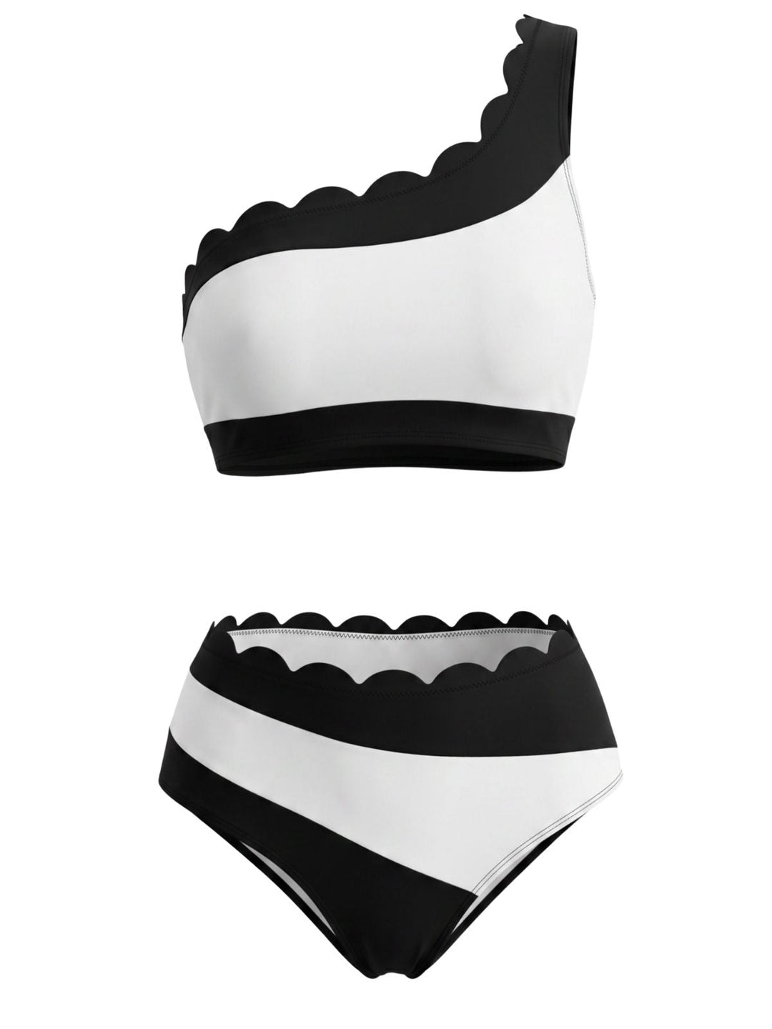 Black White Scalloped One Shoulder Bikini Set, vintage swimsuit, swimwear - perfect for women who love vintage and retro fashion