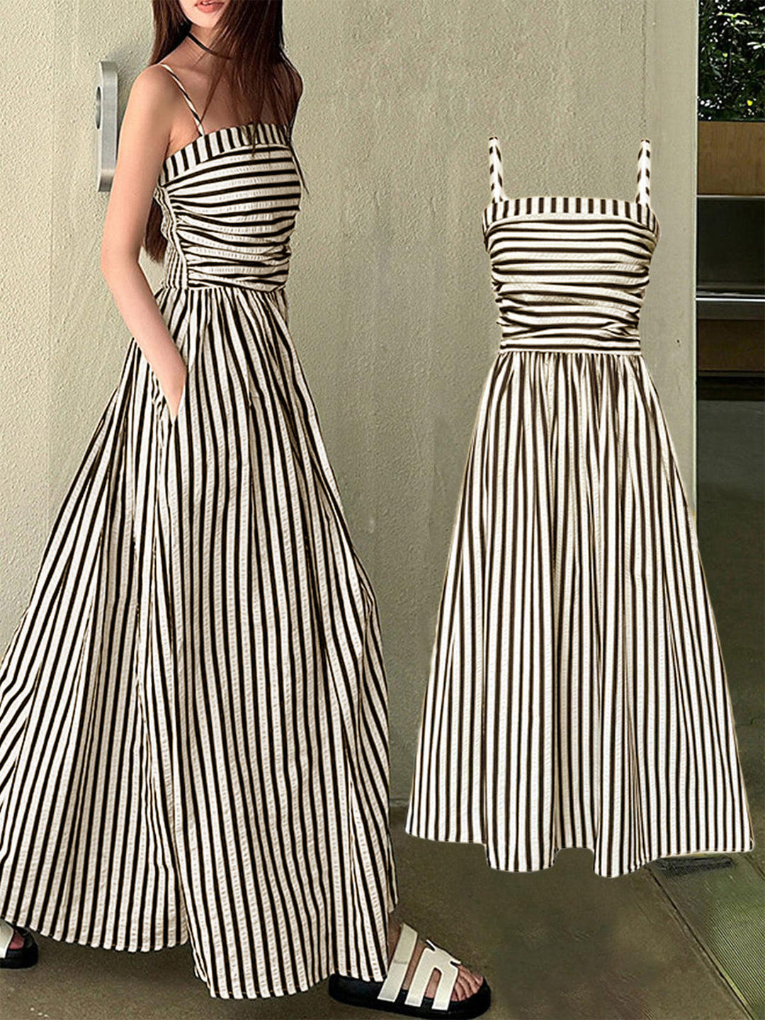 Black White 1950s Spaghetti Strap Long Dress - vintage dress, retro fashion, rockabilly