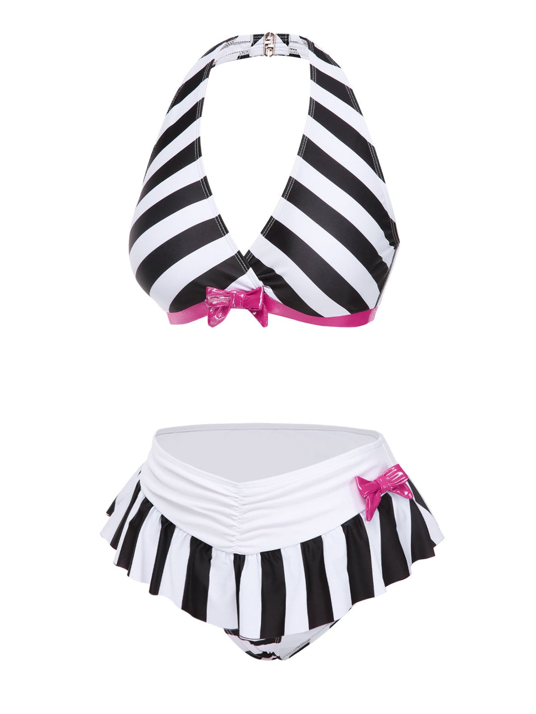 This Black &amp; White 1950s Stripe Bow Halter Bikini carries 1950s vacation dreams in every stitch