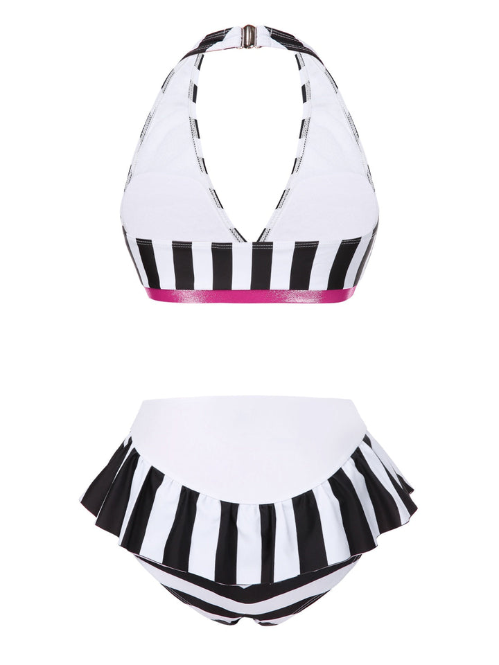 Black &amp; White 1950s Stripe Bow Halter Bikini — because 1950s glamour never goes out of style
